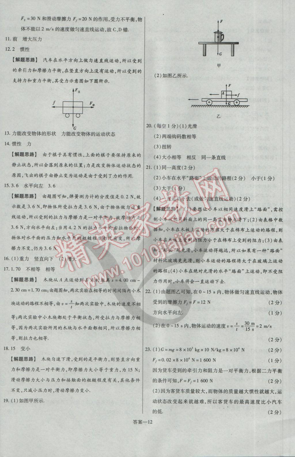 2017年金考卷活頁題選八年級物理下冊蘇科版 參考答案第12頁