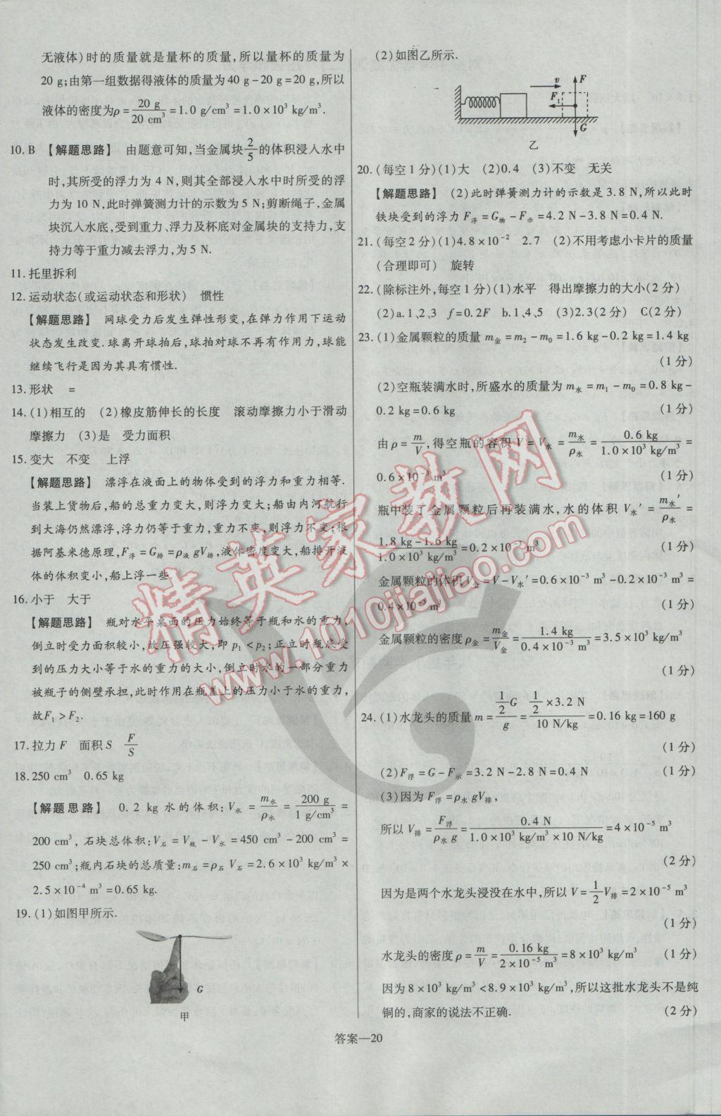 2017年金考卷活頁題選八年級物理下冊蘇科版 參考答案第20頁