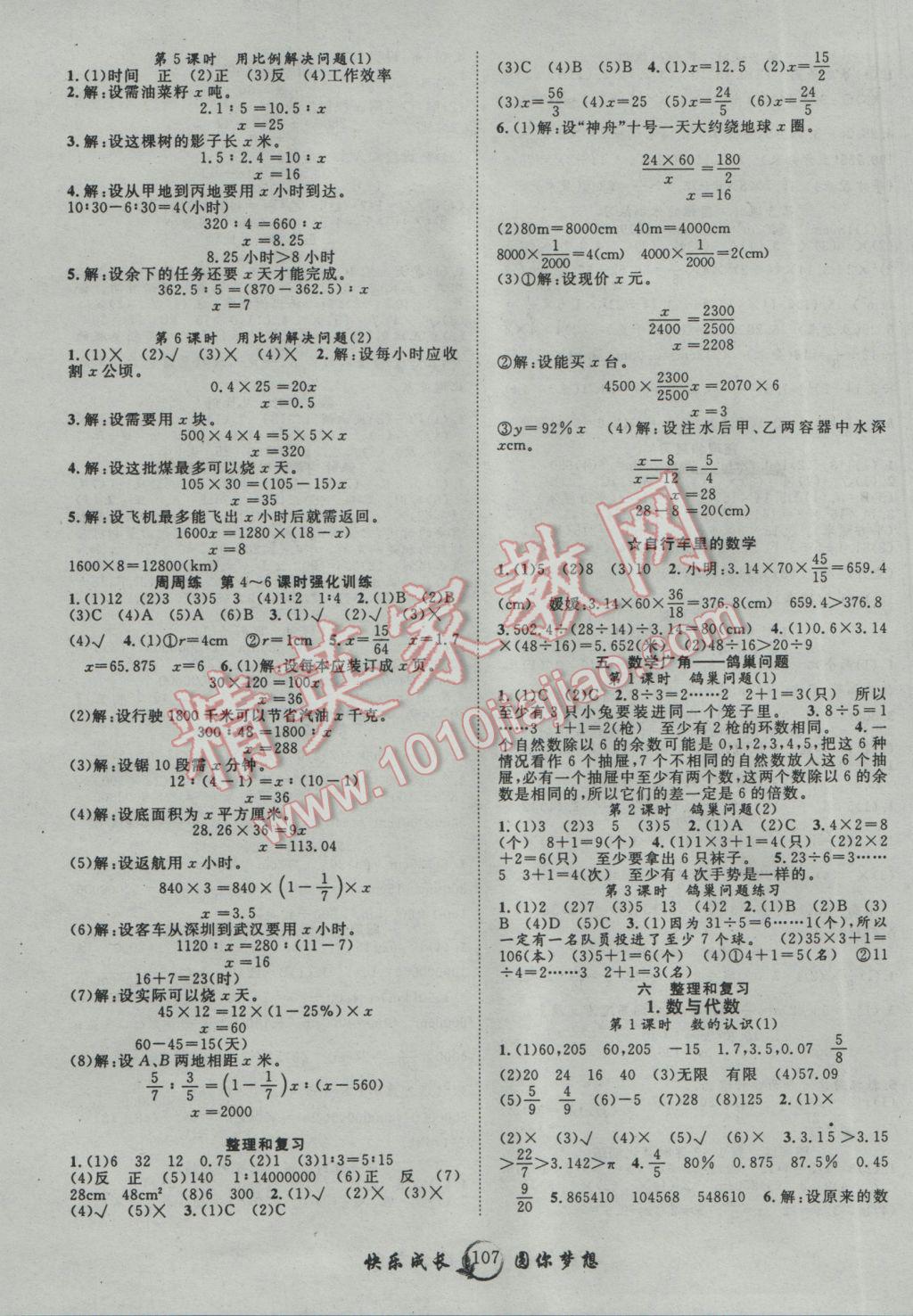 2017年優(yōu)質(zhì)課堂快樂成長六年級數(shù)學下冊人教版 參考答案第3頁