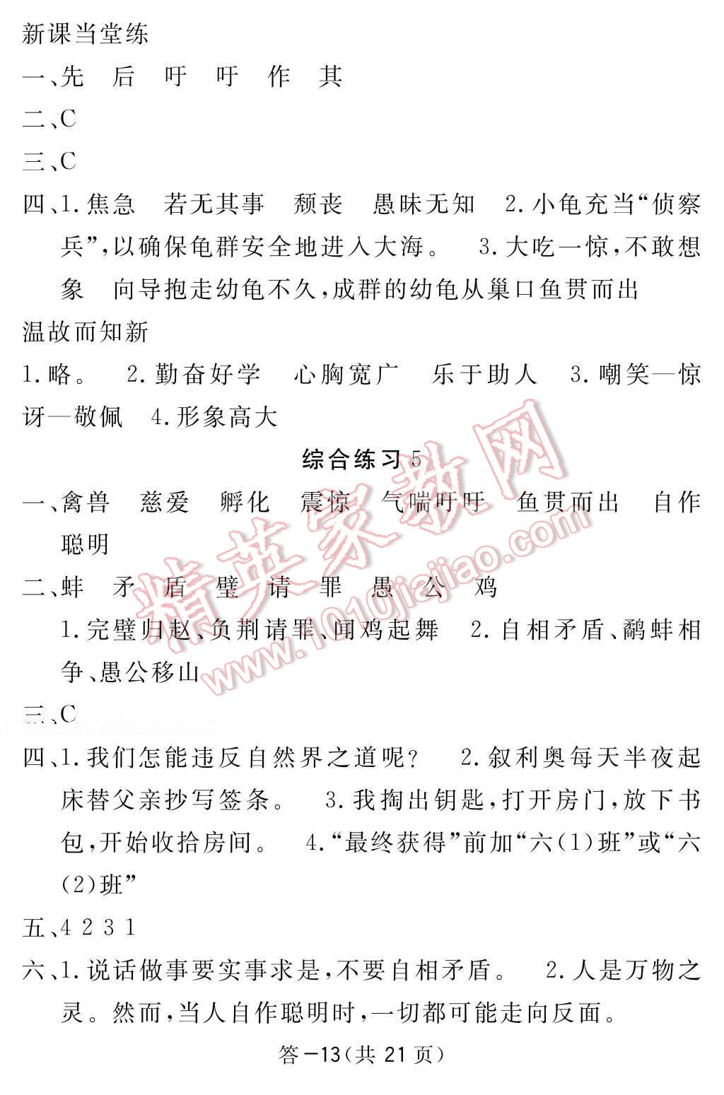 2017年语文作业本六年级下册北师大版江西教育出版社 参考答案第13页