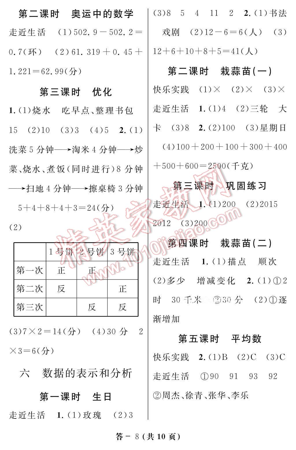 2017年數(shù)學(xué)作業(yè)本四年級(jí)下冊(cè)北師大版江西教育出版社 參考答案第8頁