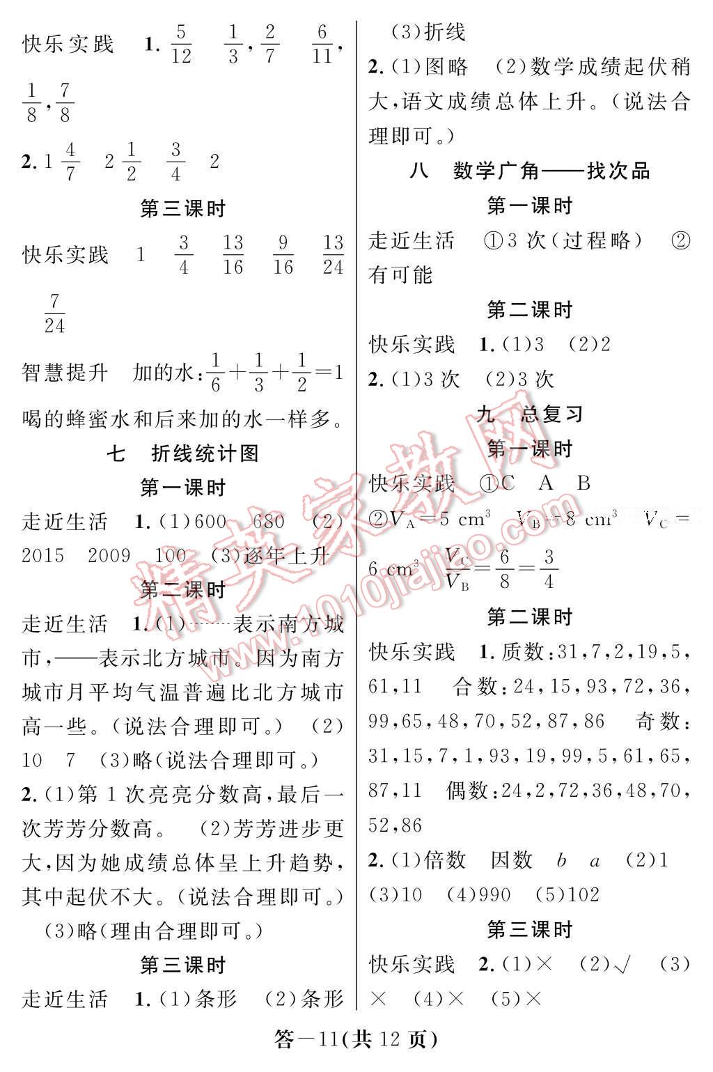 2017年數(shù)學(xué)作業(yè)本五年級(jí)下冊(cè)人教版江西教育出版社 參考答案第11頁