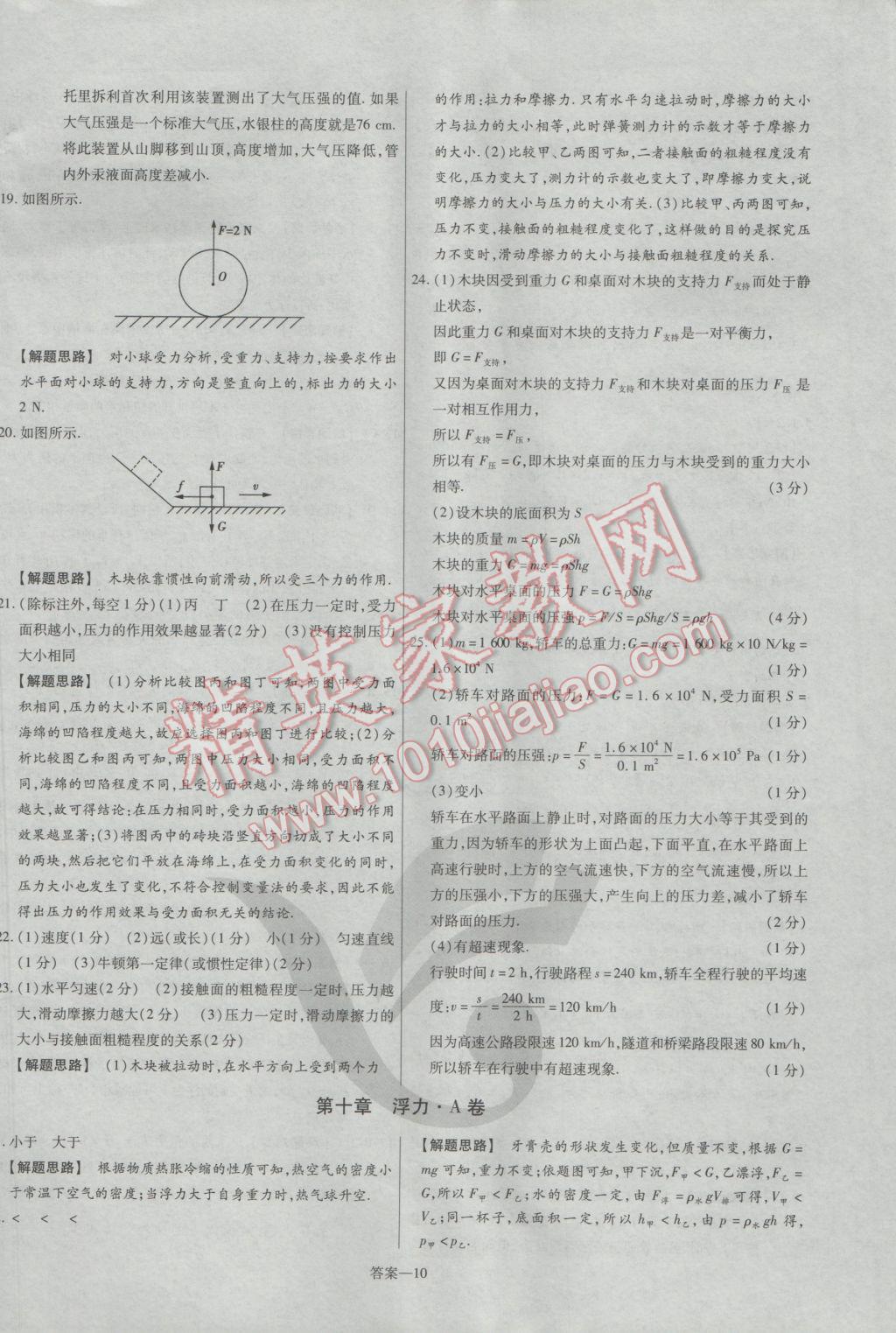 2017年金考卷活页题选名师名题单元双测卷八年级物理下册人教版 参考答案第10页