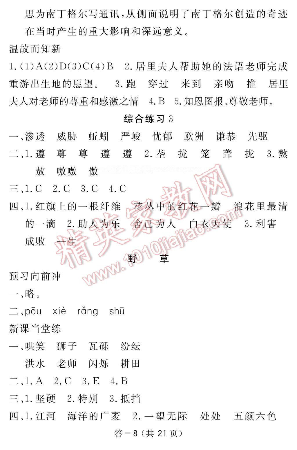 2017年语文作业本六年级下册北师大版江西教育出版社 参考答案第8页