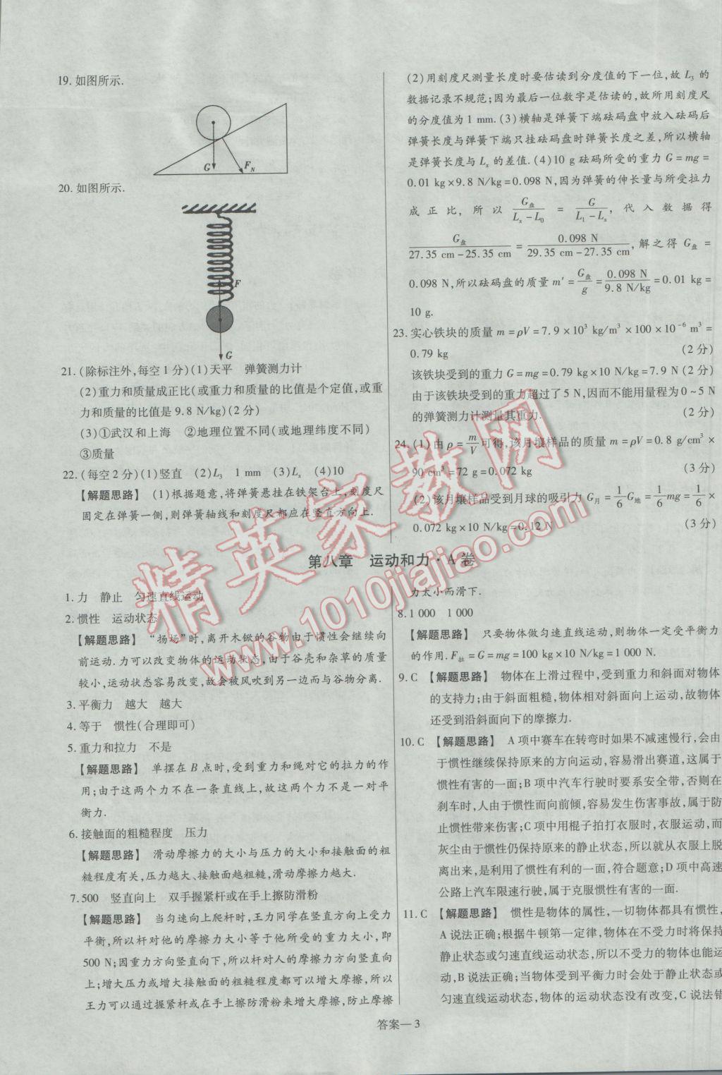 2017年金考卷活页题选名师名题单元双测卷八年级物理下册人教版 参考答案第3页