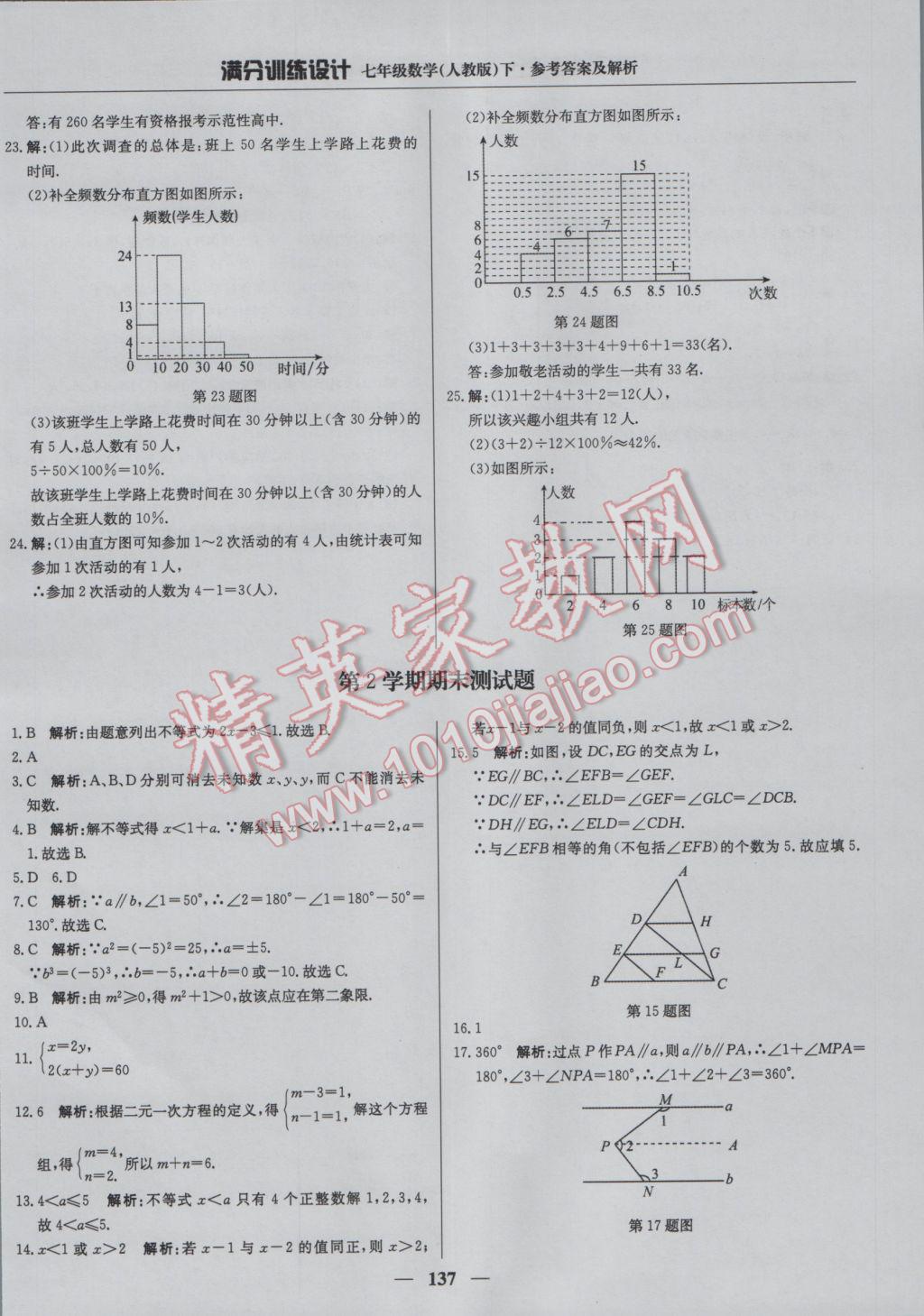 2017年满分训练设计七年级数学下册人教版 参考答案第26页