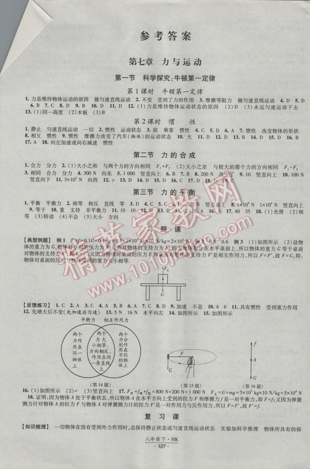 2017年经纶学典新课时作业八年级物理下册沪科版 参考答案第1页