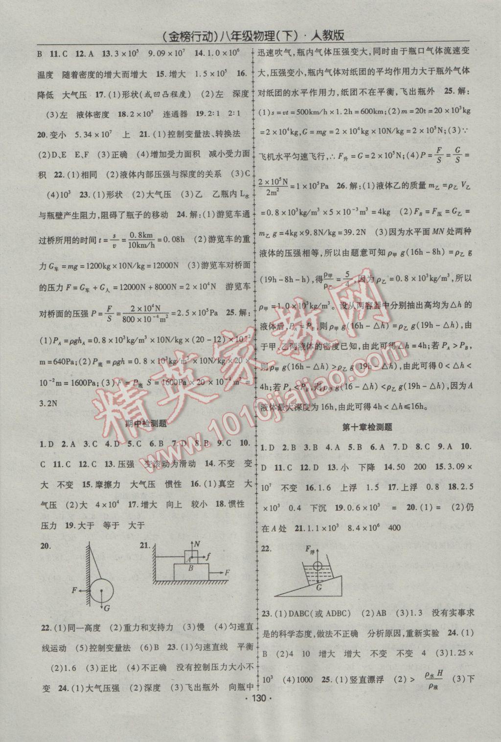 2017年金榜行动课时导学案八年级物理下册人教版 参考答案第14页