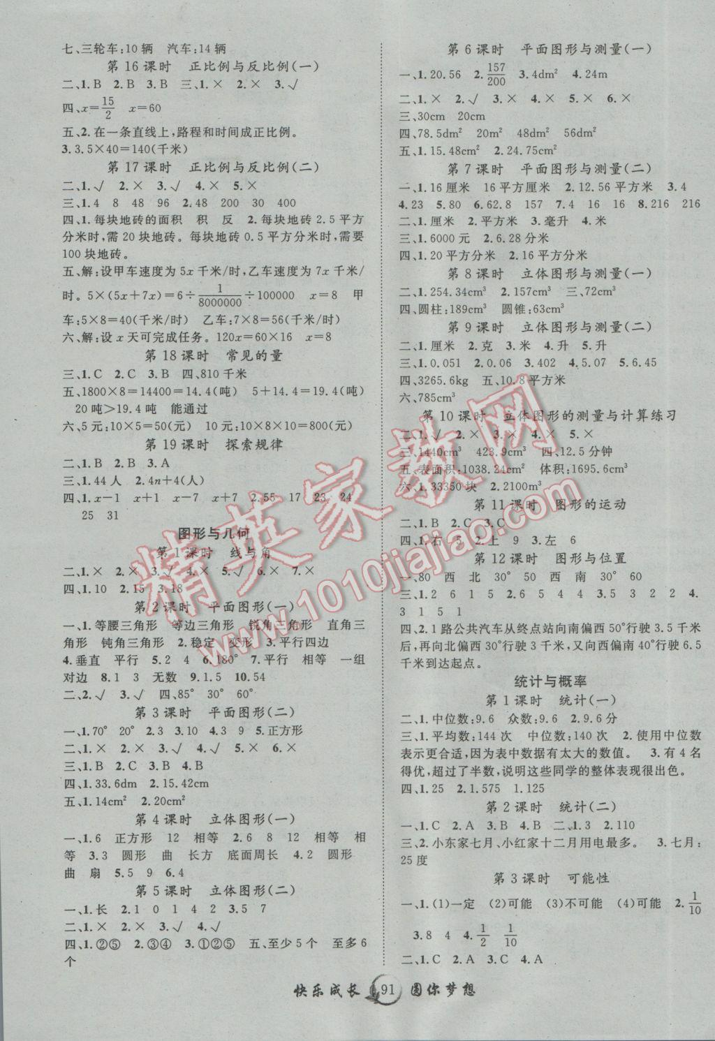 2017年優(yōu)質(zhì)課堂快樂成長(zhǎng)六年級(jí)數(shù)學(xué)下冊(cè)北師大版 參考答案第3頁(yè)