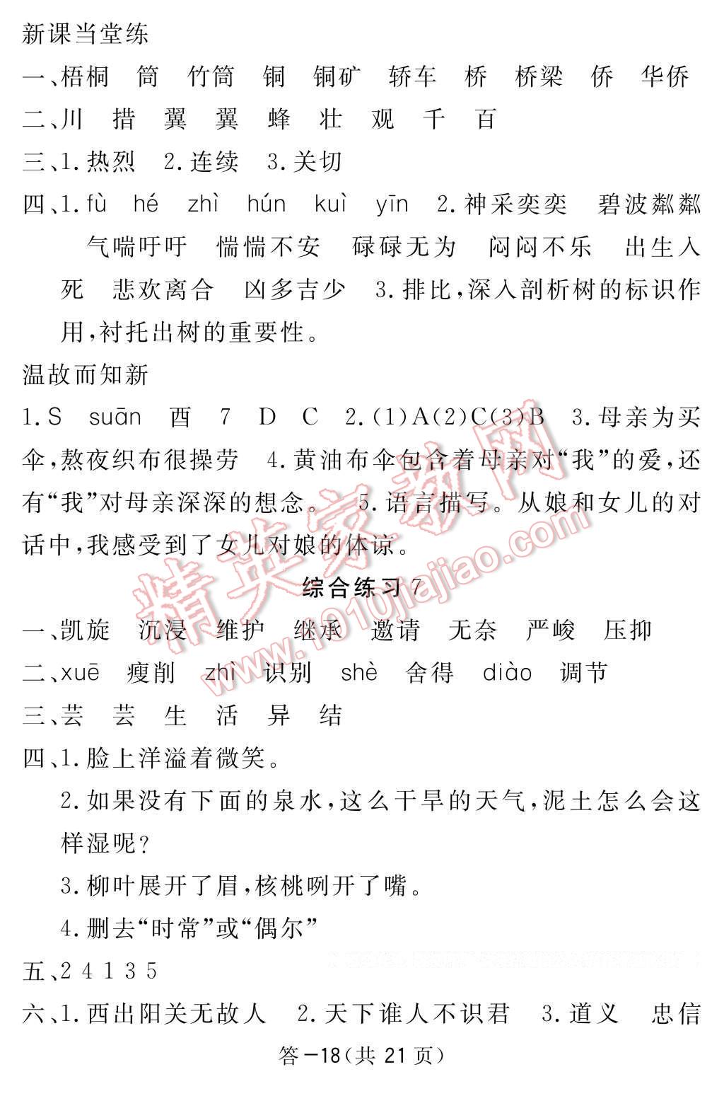 2017年語文作業(yè)本六年級下冊北師大版江西教育出版社 參考答案第18頁