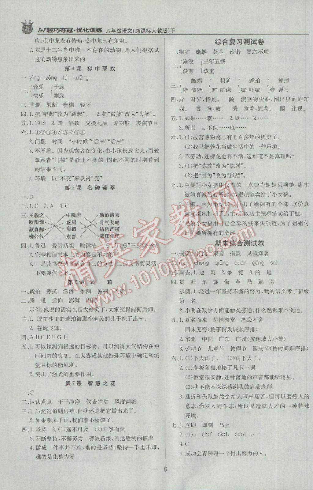 2017年1加1輕巧奪冠優(yōu)化訓(xùn)練六年級(jí)語(yǔ)文下冊(cè)人教版銀版 參考答案第8頁(yè)