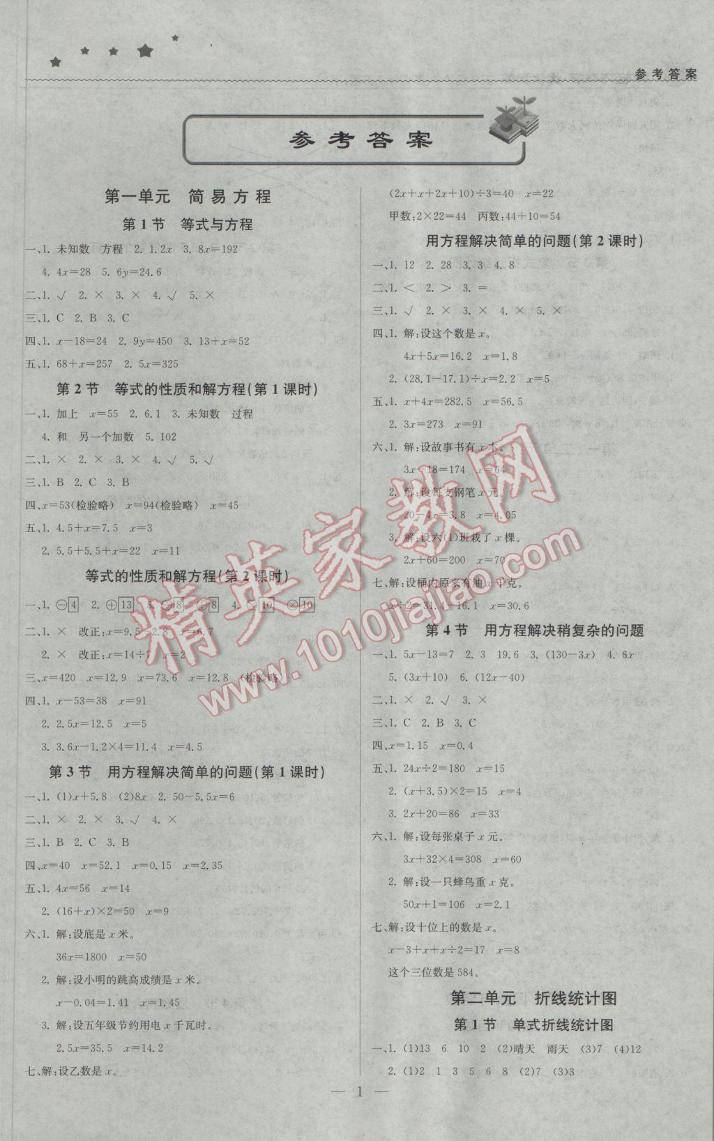 2017年1加1轻巧夺冠优化训练五年级数学下册江苏版银版 参考答案第1页