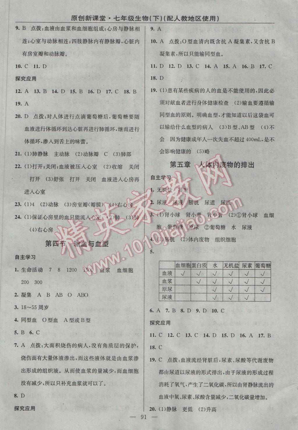 2017年原創(chuàng)新課堂七年級生物下冊人教版 參考答案第5頁