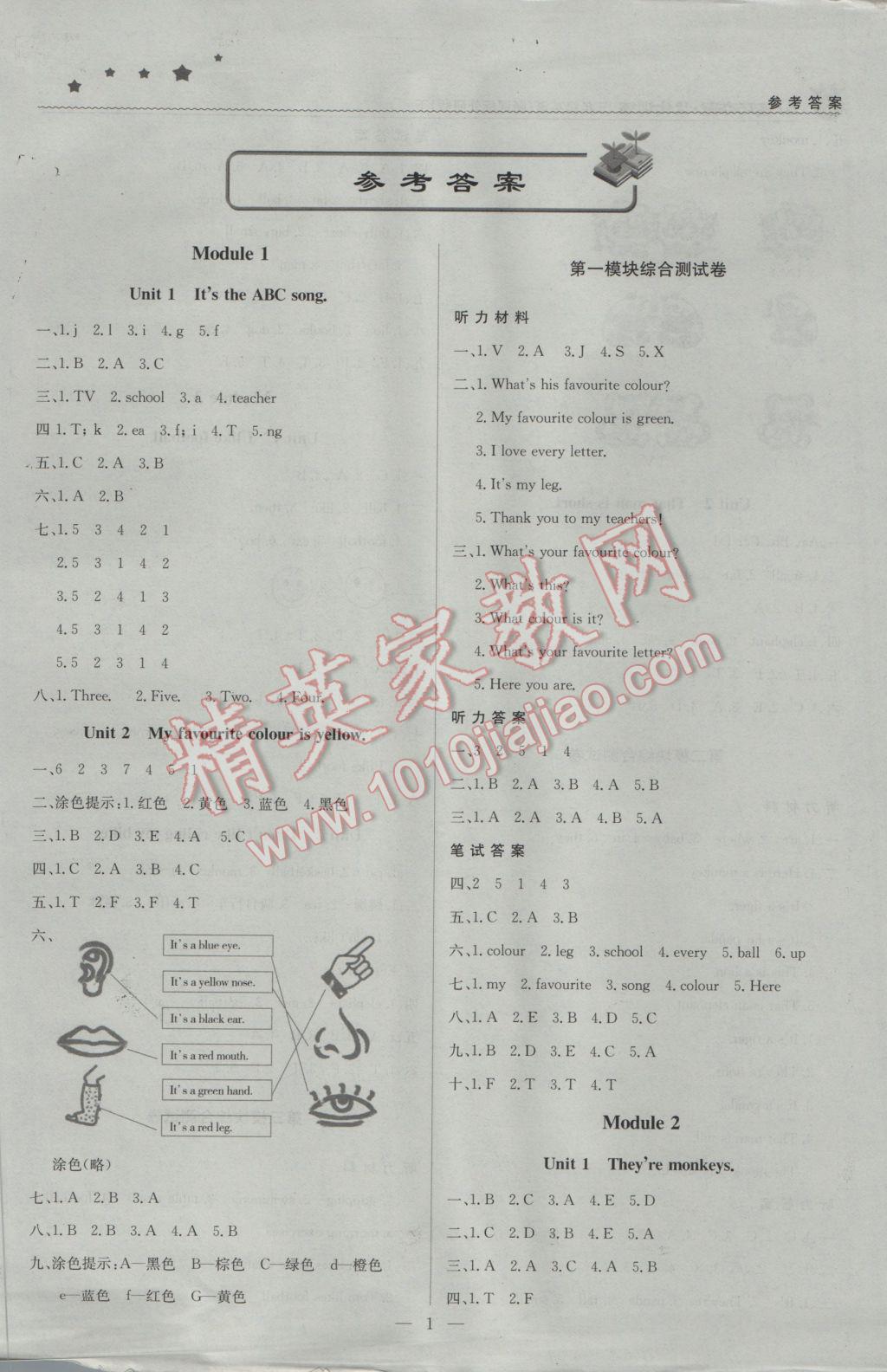 2017年1加1轻巧夺冠优化训练三年级英语下册外研版银版 参考答案第1页