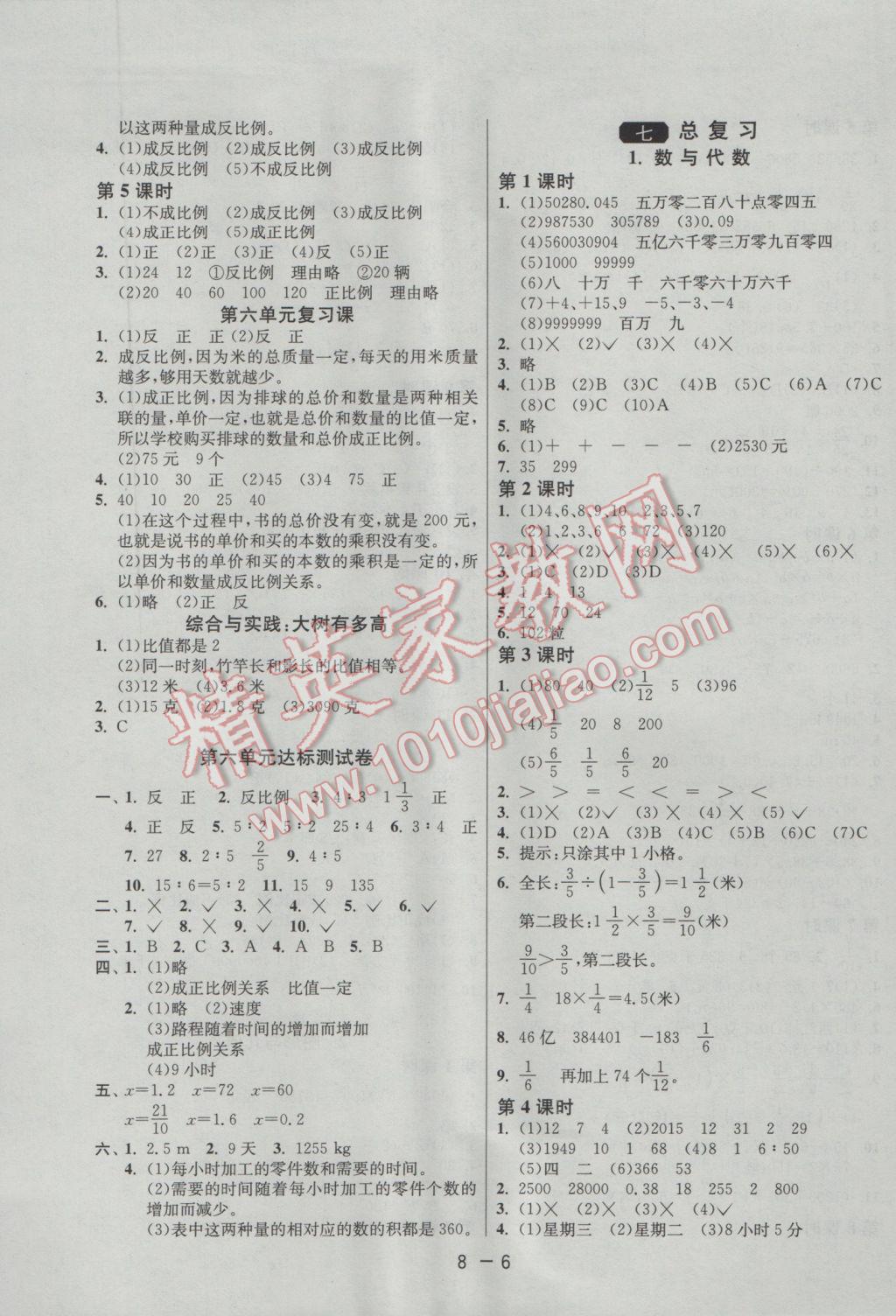 2017年1課3練單元達(dá)標(biāo)測(cè)試六年級(jí)數(shù)學(xué)下冊(cè)蘇教版 參考答案第6頁