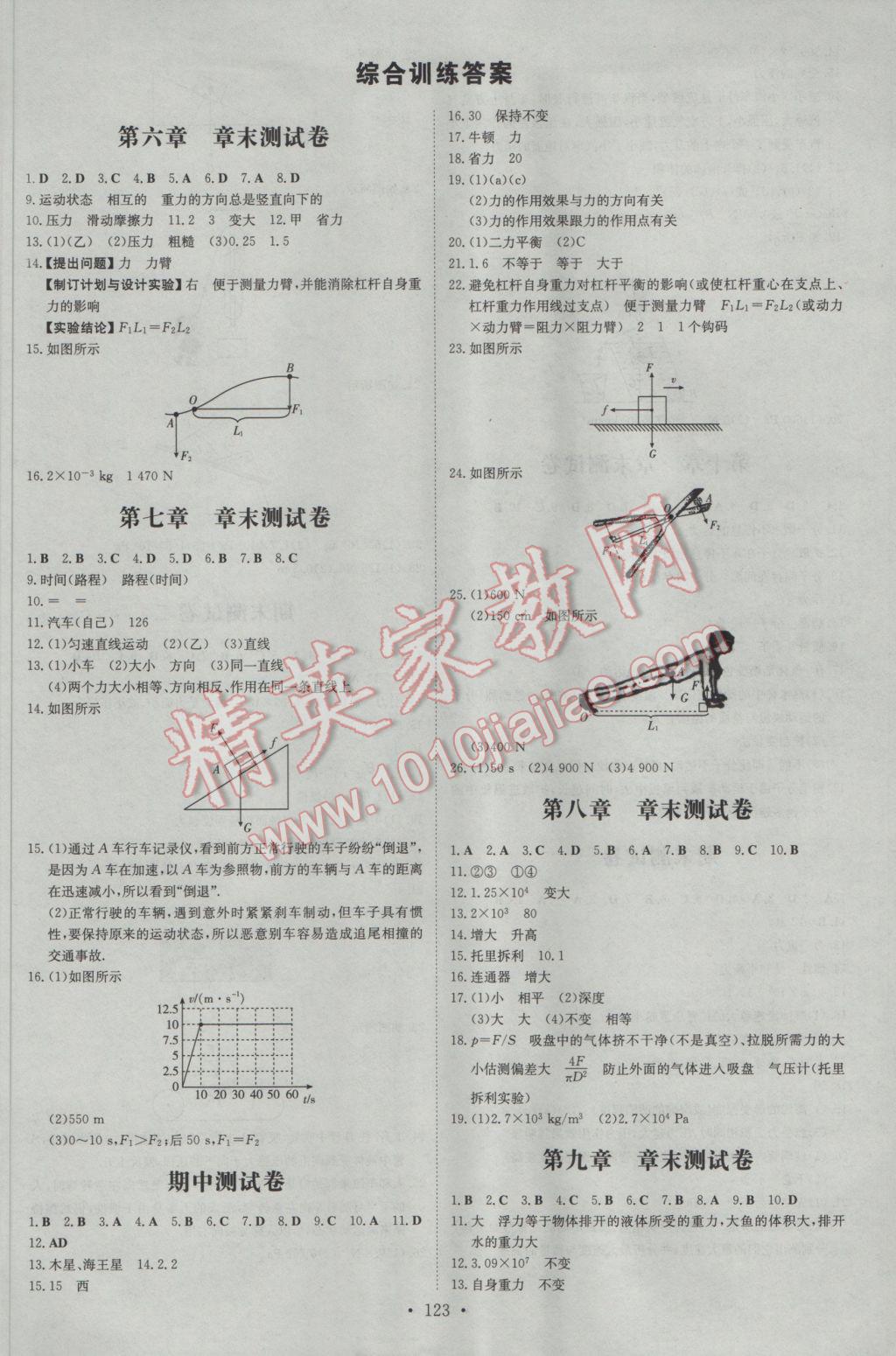 2017年练案课时作业本八年级物理下册粤沪版 参考答案第9页