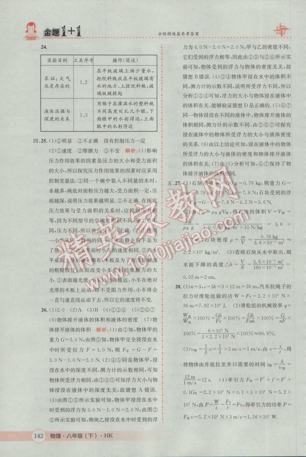 2017年金題1加1八年級物理下冊滬科版 參考答案第60頁