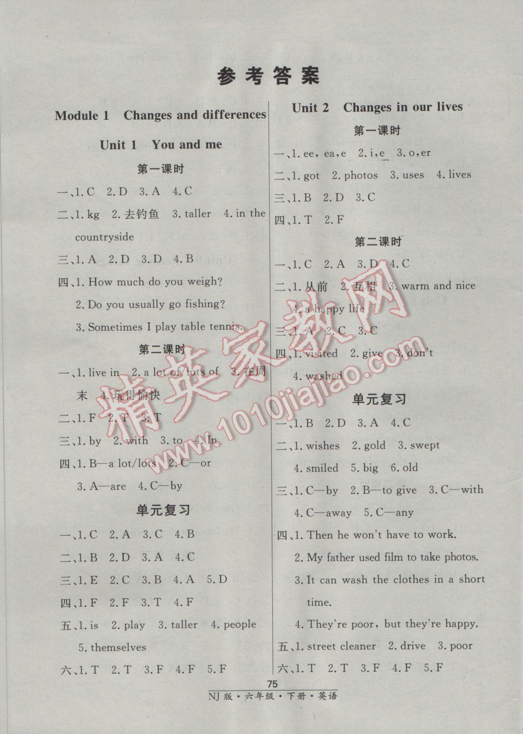 2017年钟书金牌课课练六年级英语下册牛津版 参考答案第1页