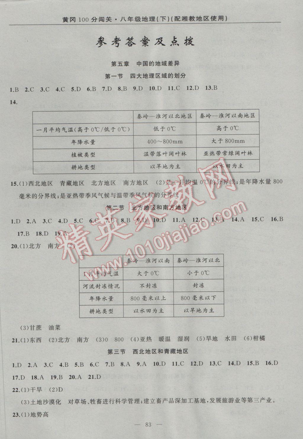 2017年黃岡100分闖關八年級地理下冊湘教版 參考答案第1頁