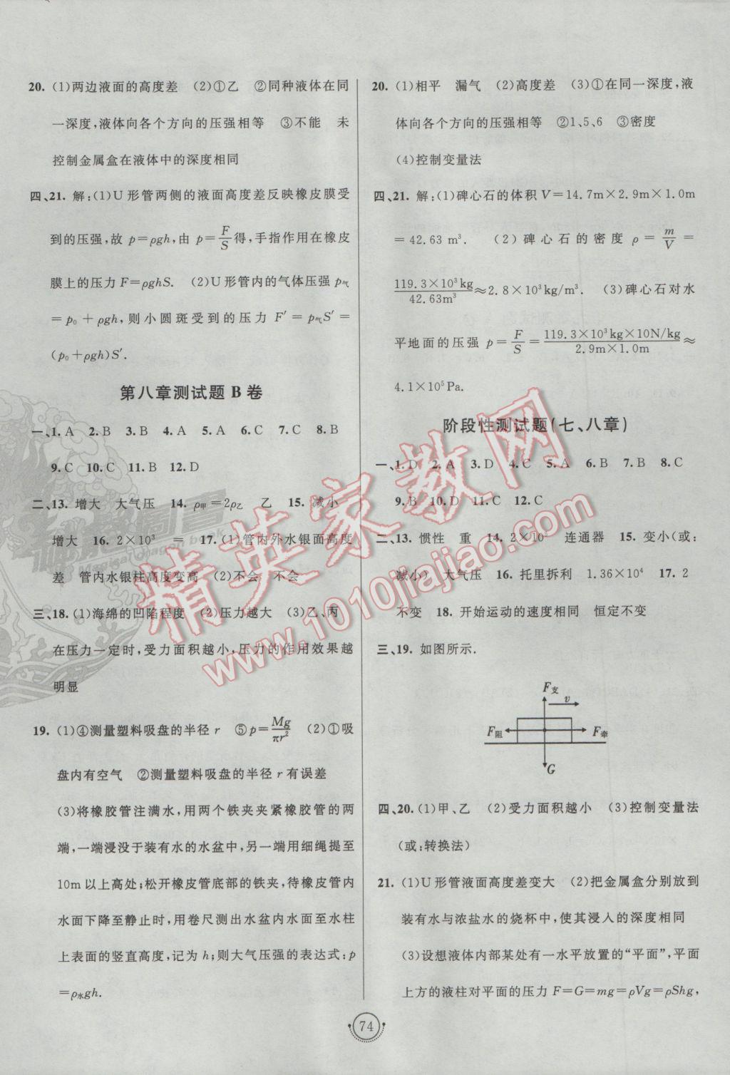 2017年海淀單元測(cè)試AB卷八年級(jí)物理下冊(cè)滬科版 參考答案第2頁(yè)