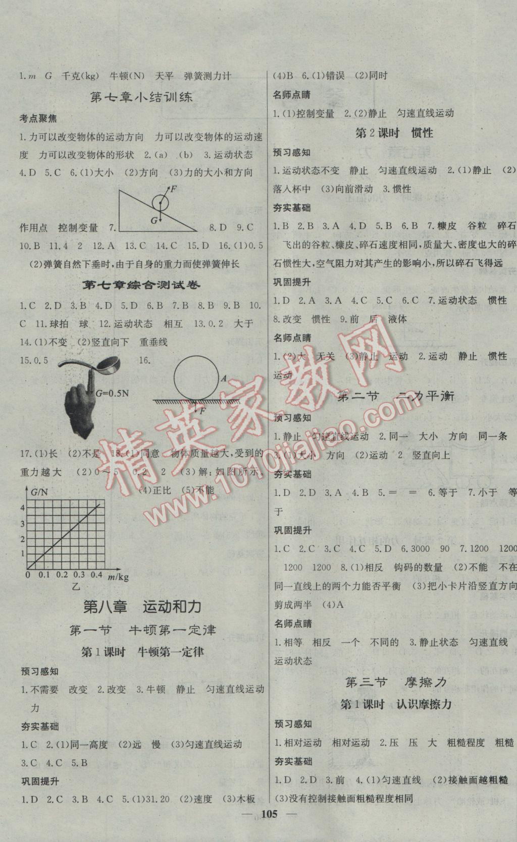 2017年名校課堂內外八年級物理下冊人教版 參考答案第1頁