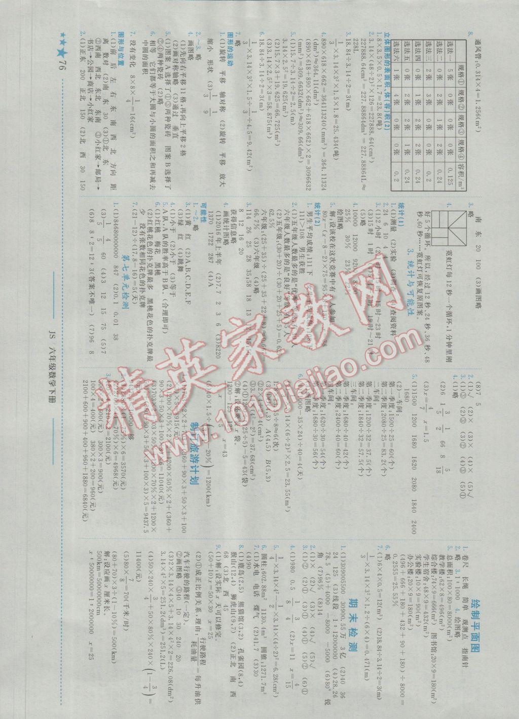 2017年黄冈小状元作业本六年级数学下册江苏版 参考答案第6页