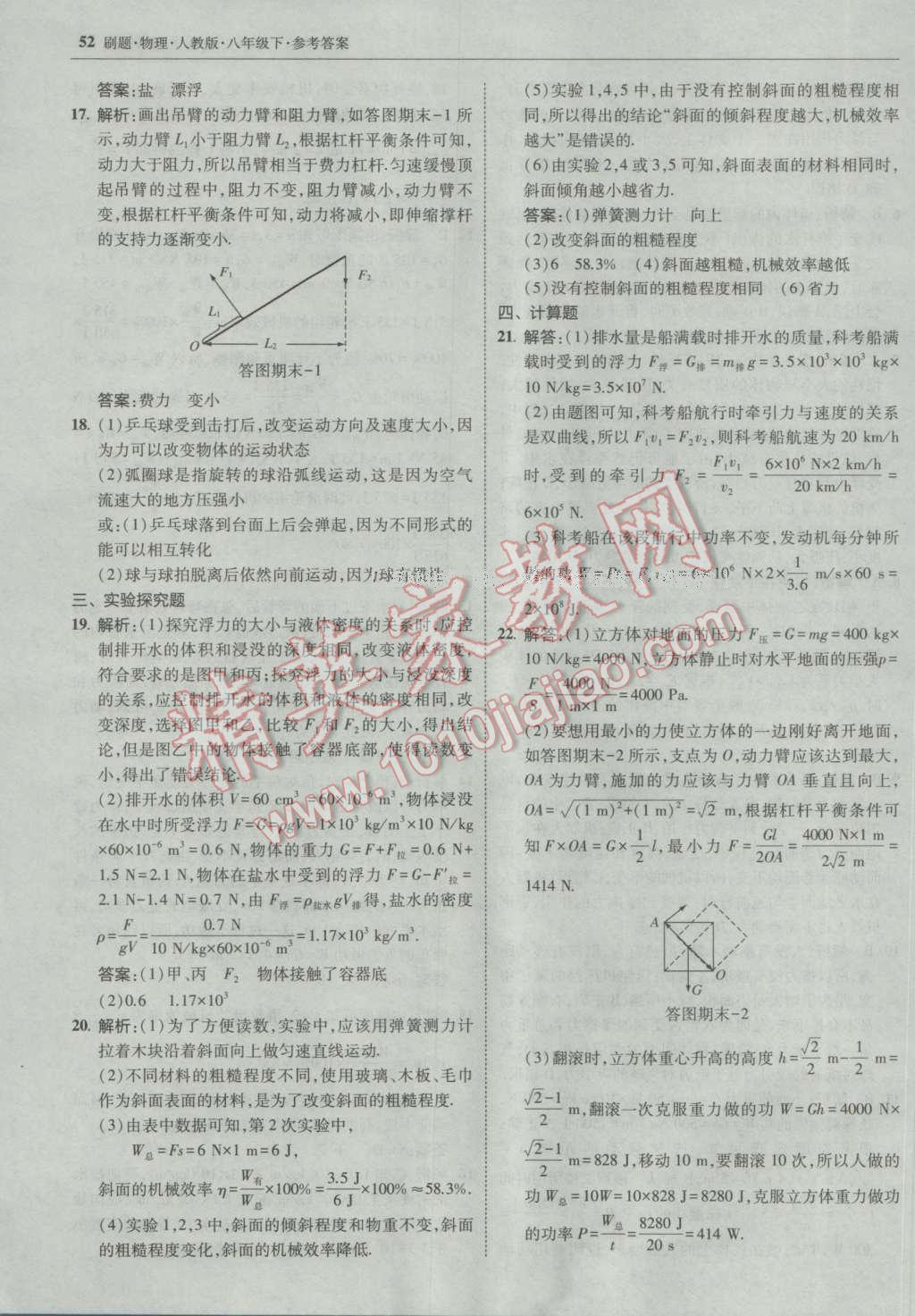 2017年北大綠卡刷題八年級物理下冊人教版 參考答案第51頁