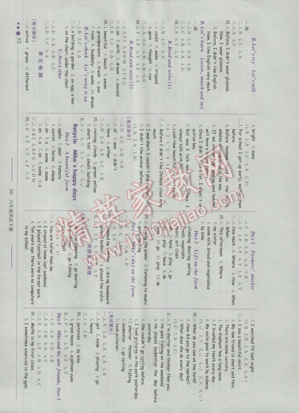 2017年黄冈小状元作业本六年级英语下册人教PEP版 参考答案第4页