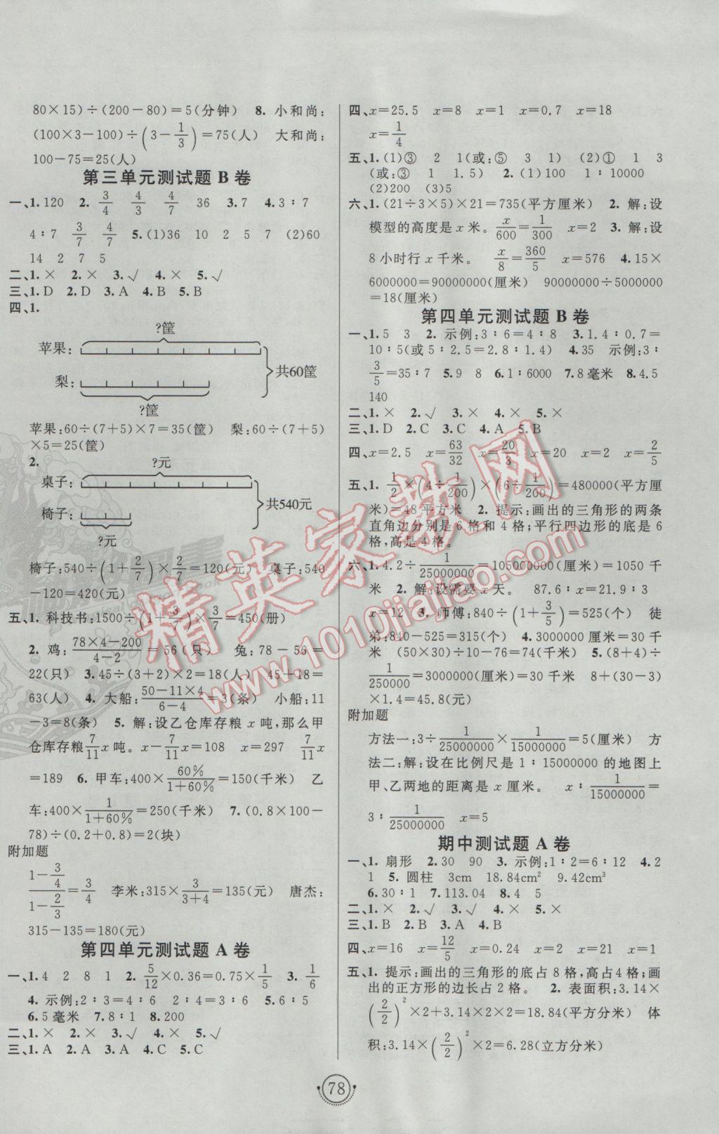 2017年海淀單元測試AB卷六年級數(shù)學下冊蘇教版 參考答案第2頁