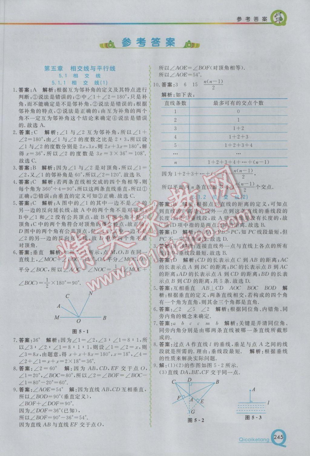 2017年初中一点通七彩课堂七年级数学下册人教版 参考答案第1页