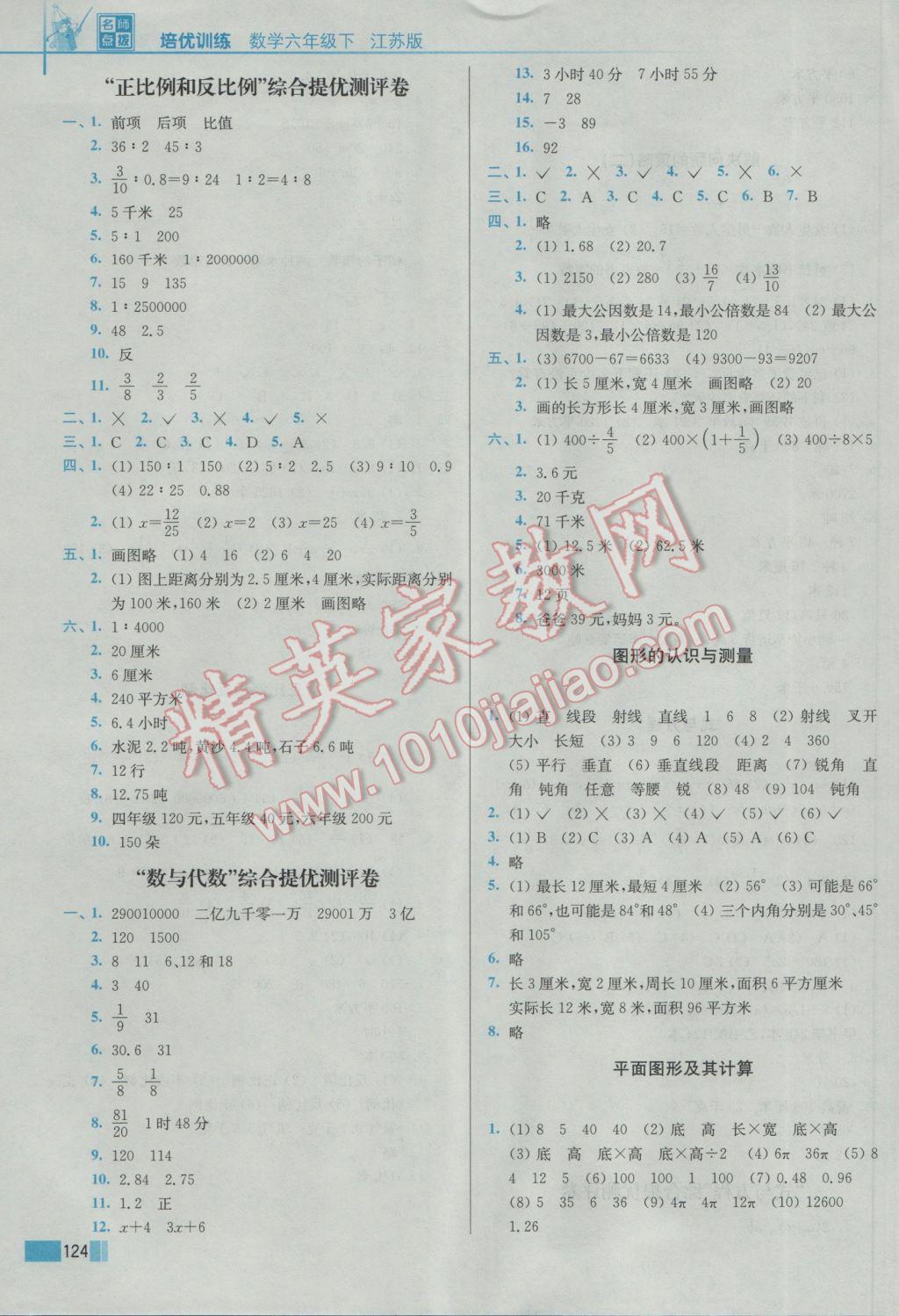 2017年名师点拨培优训练六年级数学下册江苏版 参考答案第10页