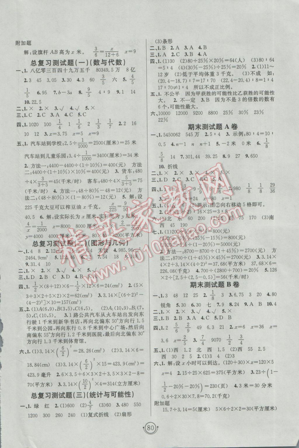 2017年海淀單元測試AB卷六年級數(shù)學(xué)下冊蘇教版 參考答案第4頁