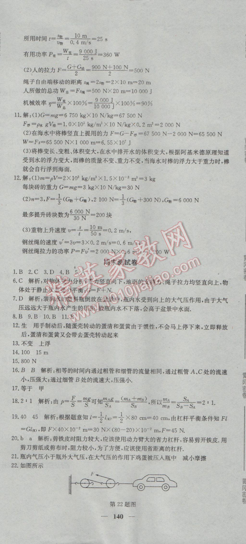 2017年王后雄黄冈密卷八年级物理下册人教版 参考答案第20页