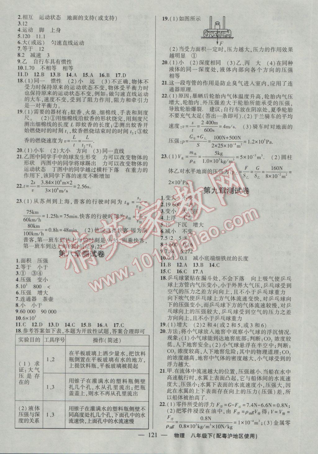 2017年黃岡100分闖關(guān)八年級(jí)物理下冊(cè)粵滬版 參考答案第11頁(yè)