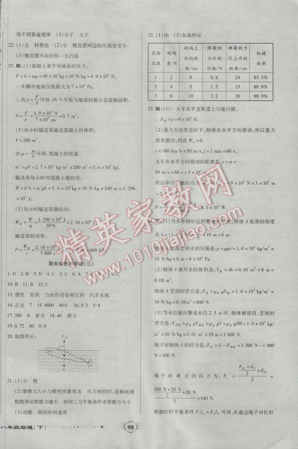 2017年全程優(yōu)選卷八年級(jí)物理下冊(cè)人教版 參考答案第10頁(yè)