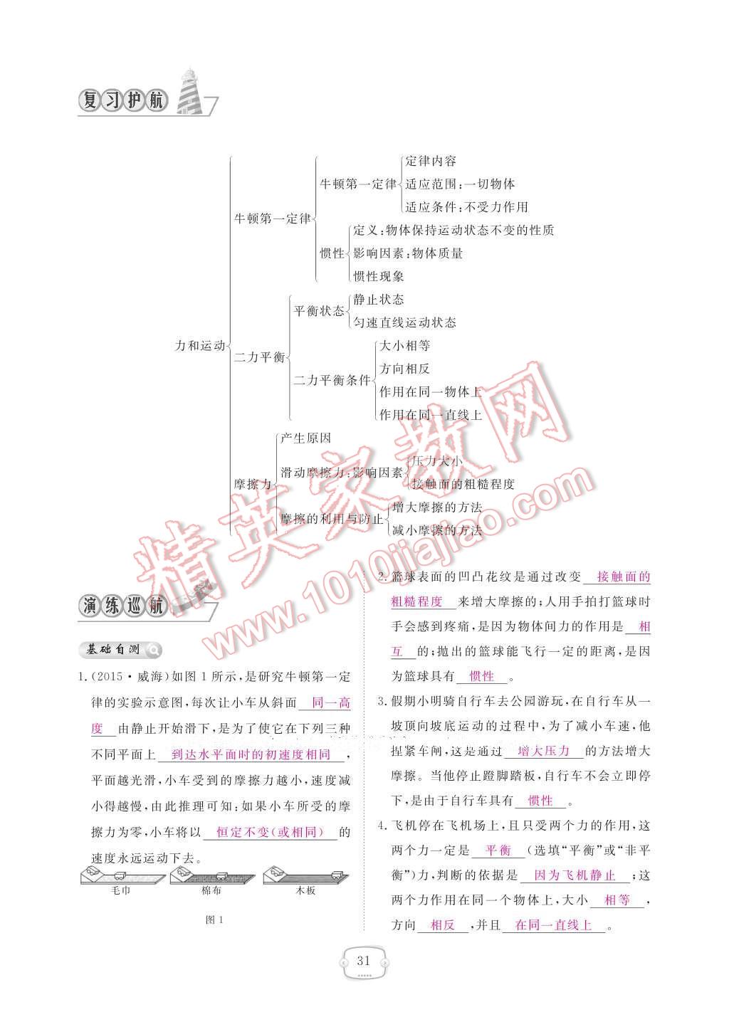 2017年領(lǐng)航新課標練習冊八年級物理下冊人教版 參考答案第37頁