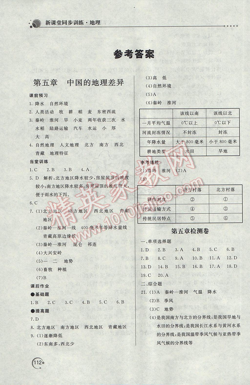 2017年新课堂同步训练八年级地理下册人教版 参考答案第1页