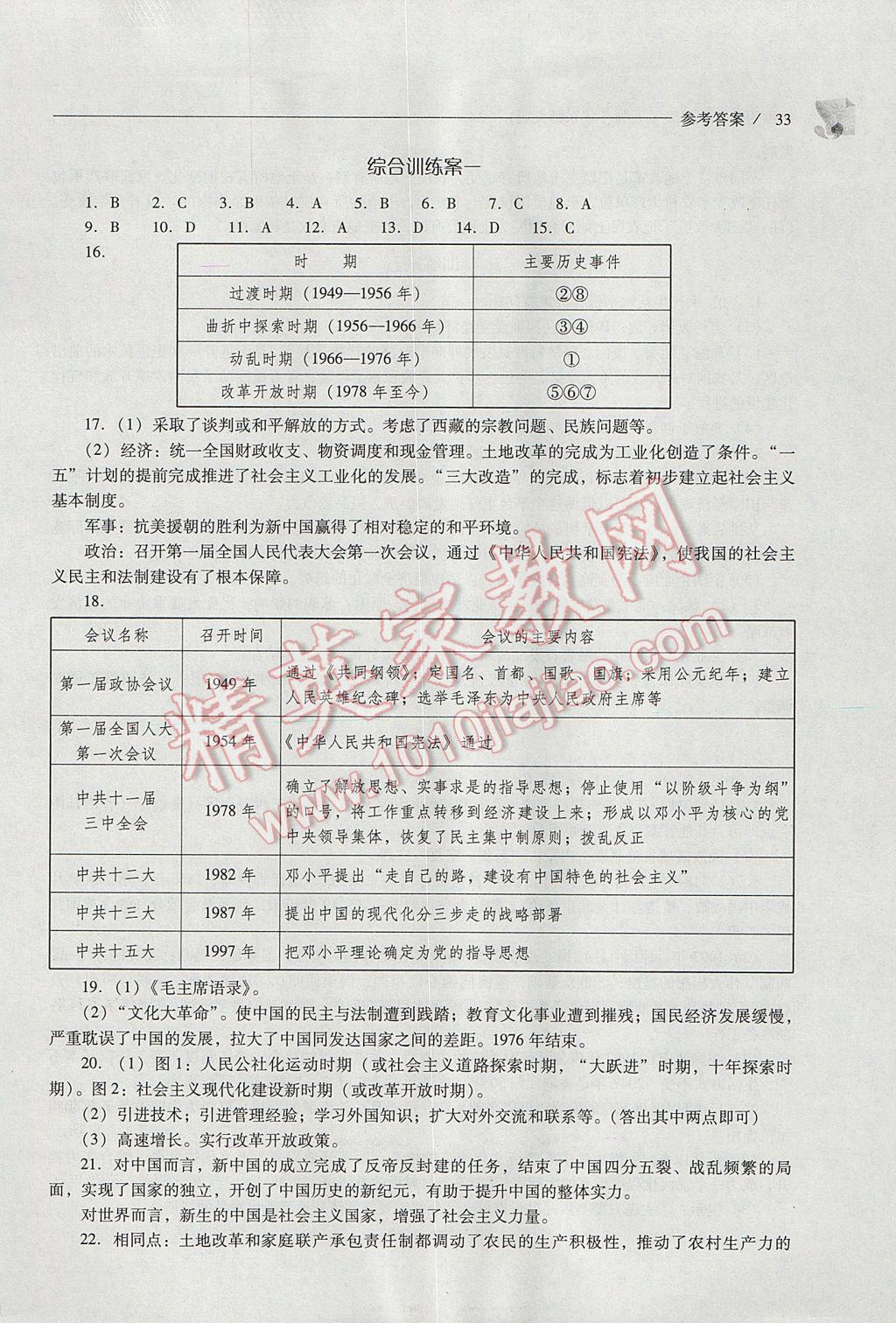 2017年新课程问题解决导学方案八年级中国历史下册华东师大版 参考答案第33页