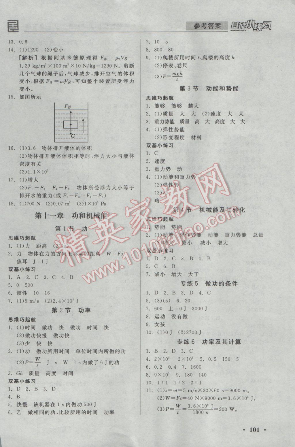 2017年全品基础小练习八年级物理下册人教版 参考答案第5页