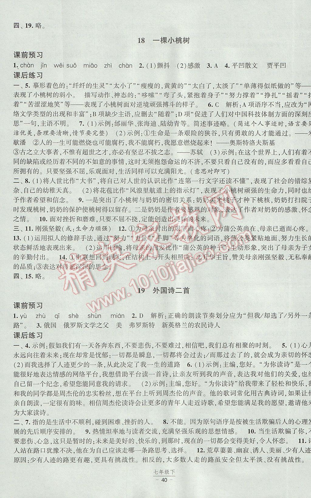 2017年经纶学典新课时作业七年级语文下册人教版 参考答案第12页