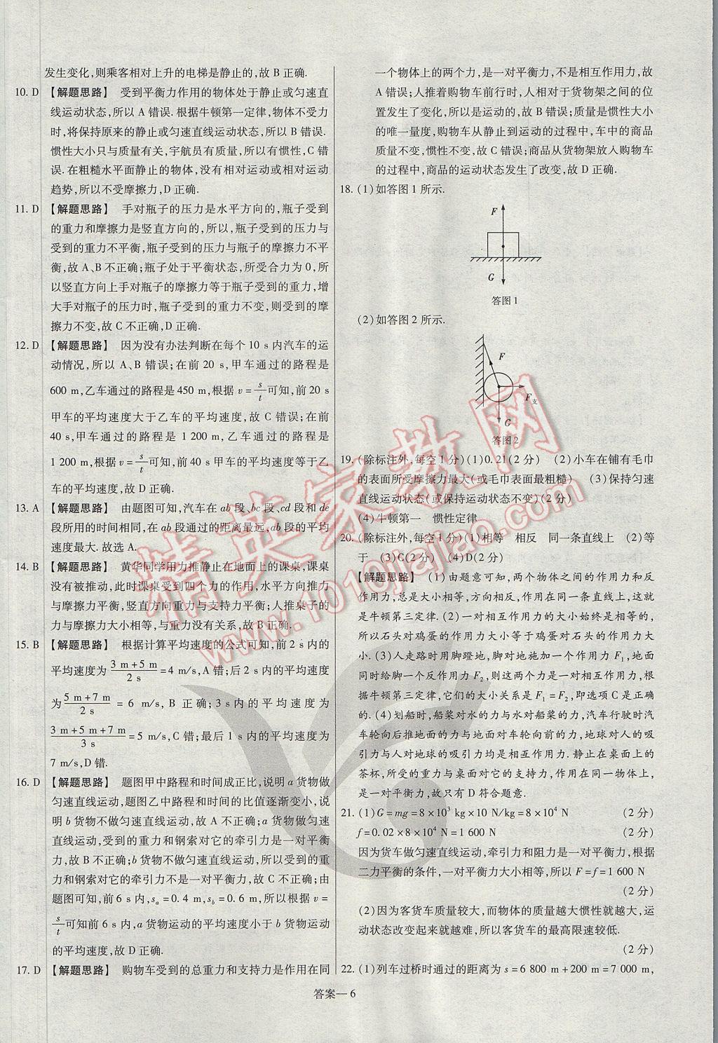 2017年金考卷活页题选八年级物理下册沪粤版 参考答案第6页