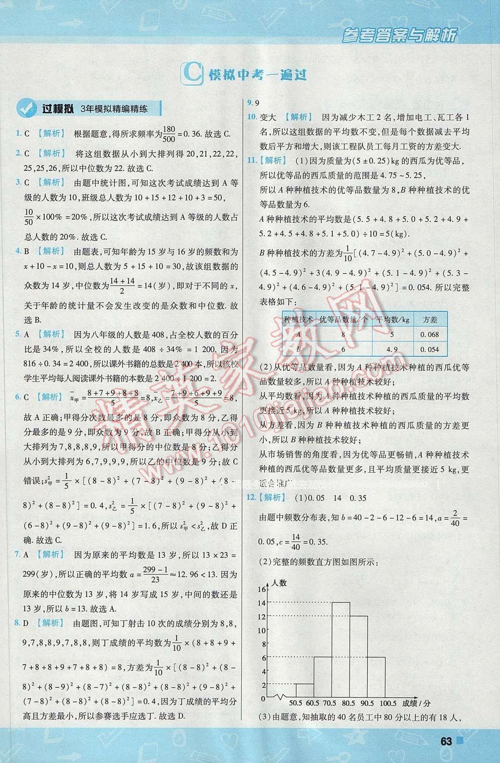 2017年一遍过初中数学八年级下册沪科版 参考答案第63页