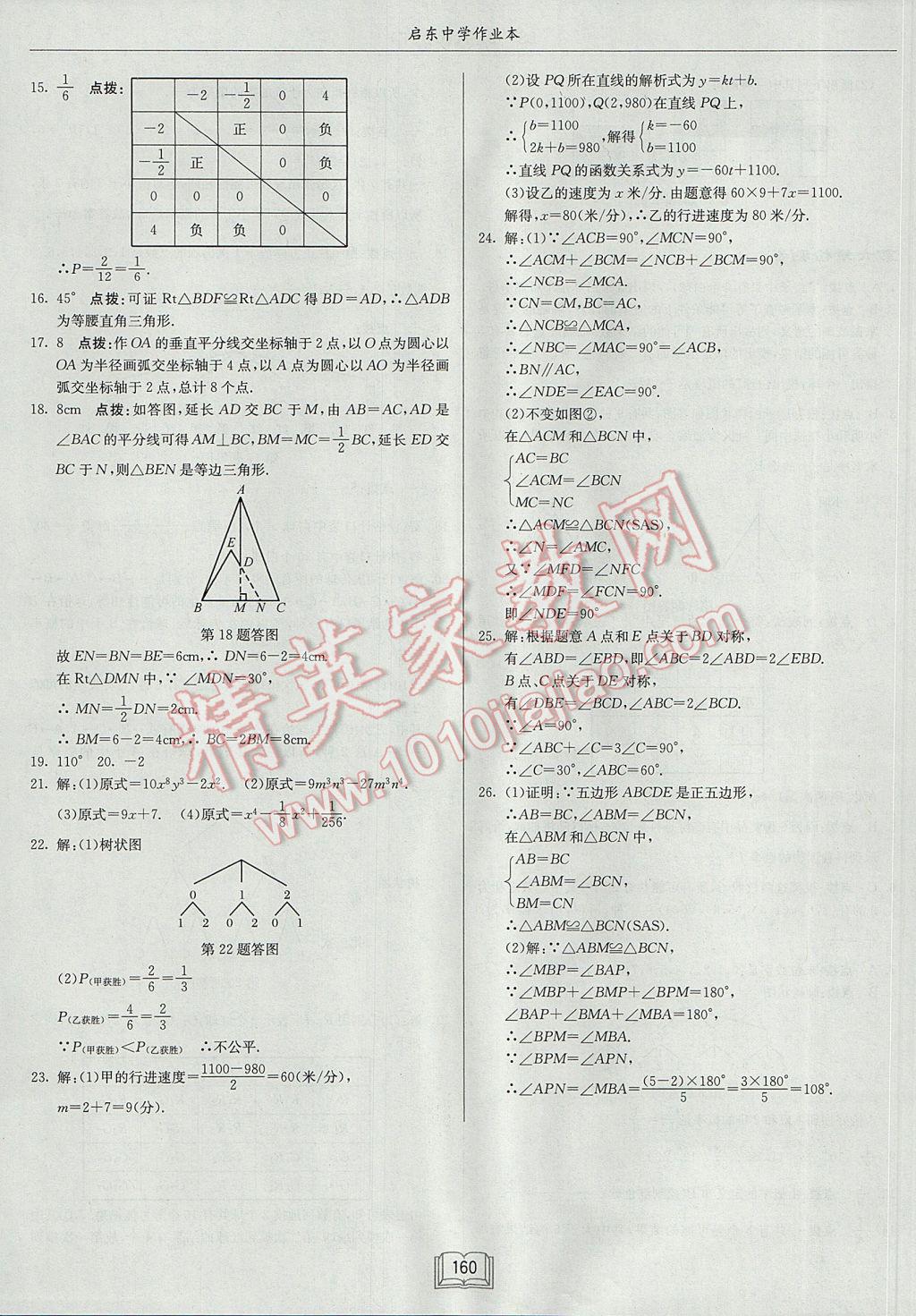 2017年启东中学作业本七年级数学下册北师大版 参考答案第32页