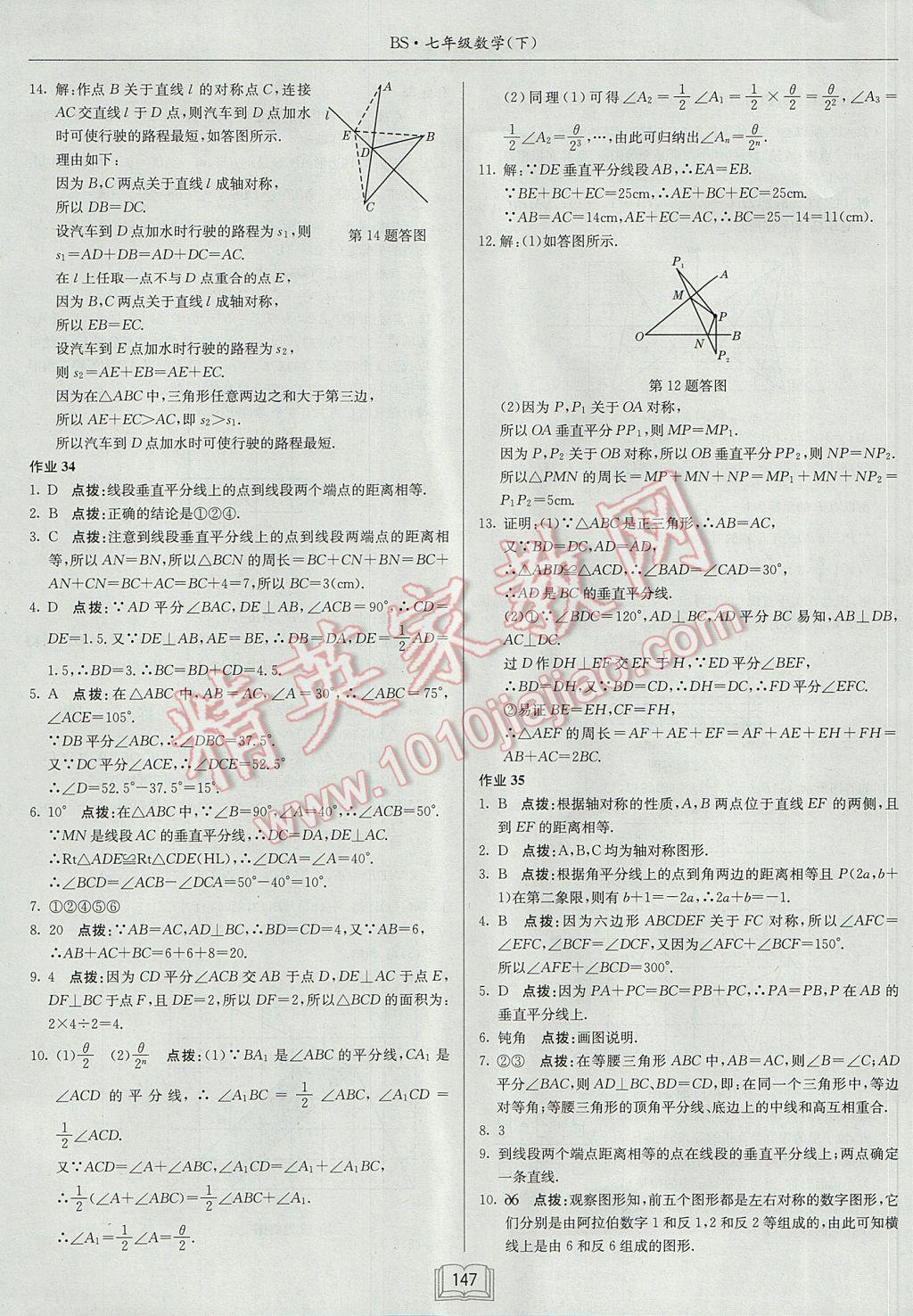 2017年启东中学作业本七年级数学下册北师大版 参考答案第19页