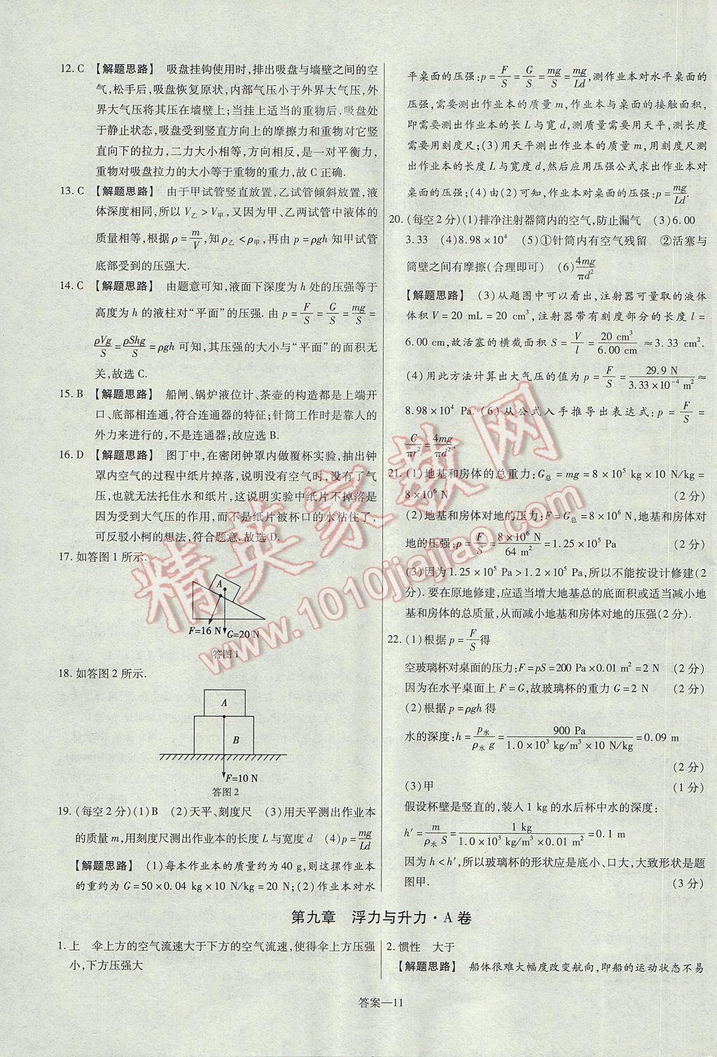 2017年金考卷活頁題選八年級(jí)物理下冊(cè)滬粵版 參考答案第11頁