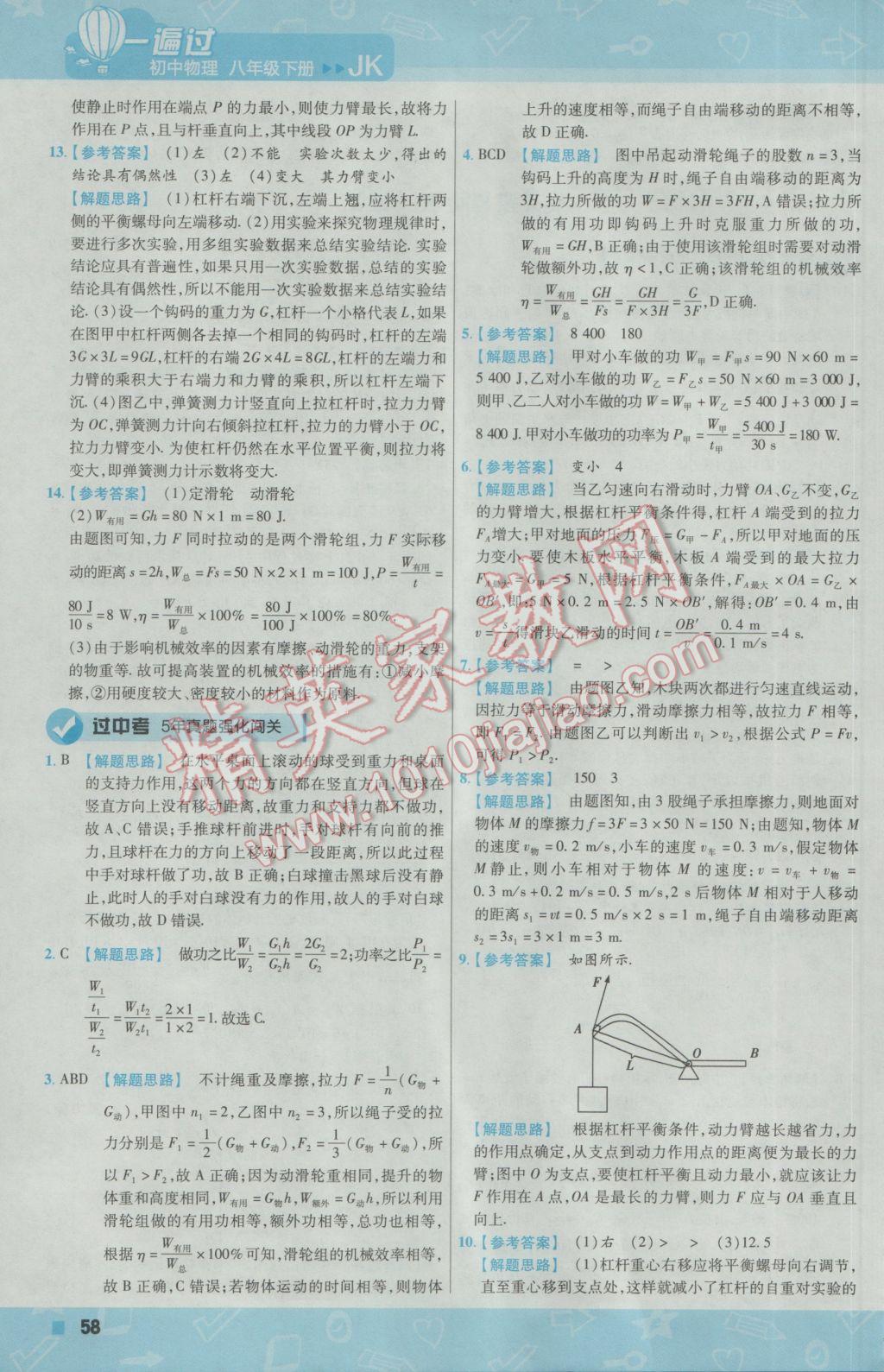 2017年一遍過初中物理八年級(jí)下冊(cè)教科版 參考答案第58頁