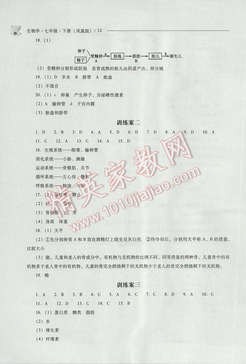 2017年新課程問(wèn)題解決導(dǎo)學(xué)方案七年級(jí)生物學(xué)下冊(cè)鳳凰版 參考答案第12頁(yè)