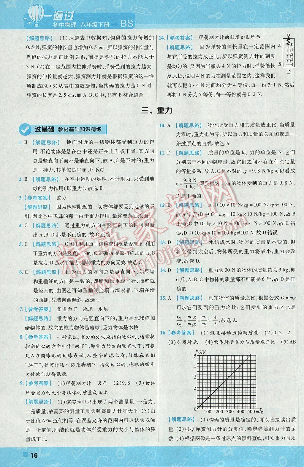 2017年一遍過初中物理八年級(jí)下冊北師大版 參考答案第16頁