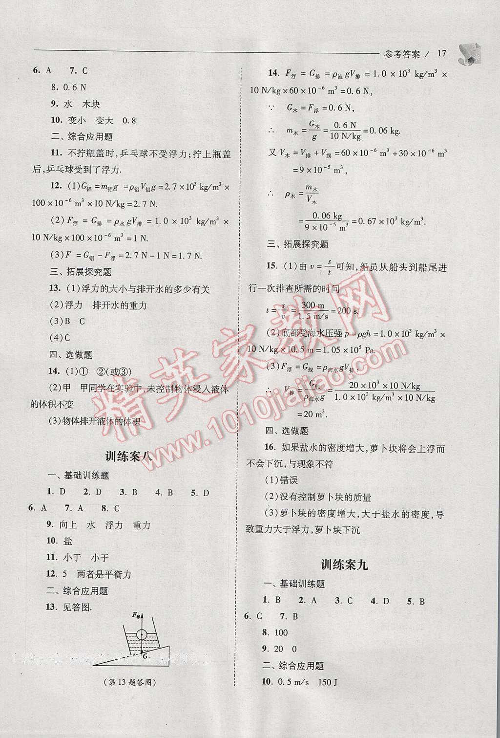 2017年新課程問題解決導學方案八年級物理下冊人教版 參考答案第17頁