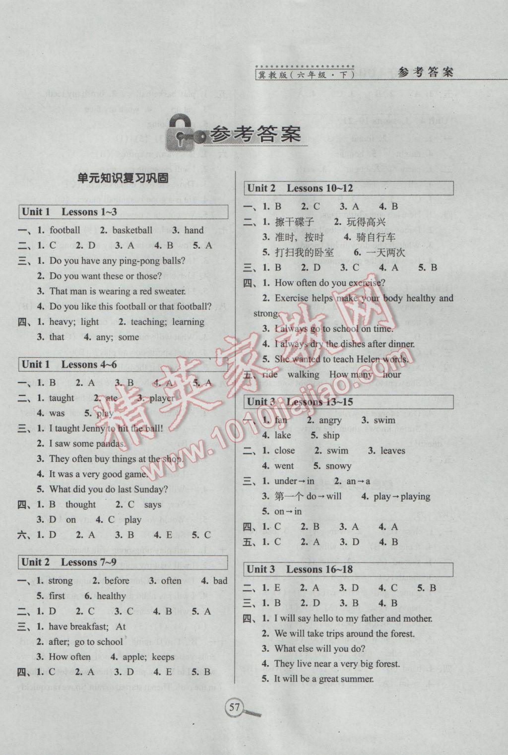 2017年15天巧奪100分六年級(jí)英語(yǔ)下冊(cè)冀教版 參考答案第1頁(yè)